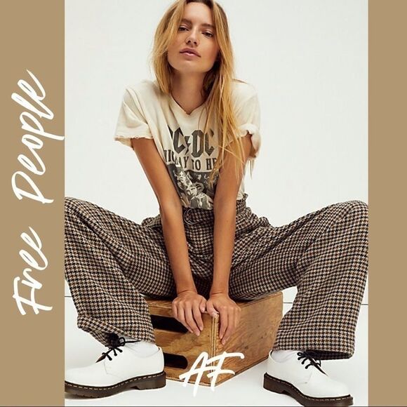 FREE PEOPLE MARYAM HOUNDSTOOTH PAPER-BAG SLACKS - Picture 3 of 14